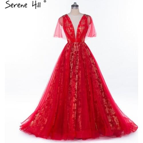 Big Red Deep-V Fashion Sexy Evening Dress Half Sleeve Beading Bridal Evening Dresses 2020 Serene Hill LA6373