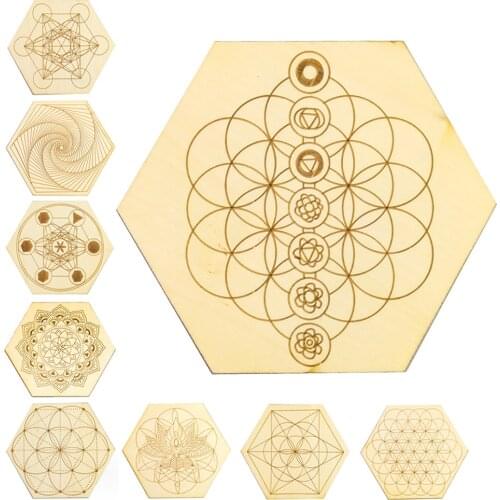 10cm Natural Wood Plank Meditation Grid Board Metatron Cube Flower of Life Healing Chakras Yoga Energy Stone Support Home Decor