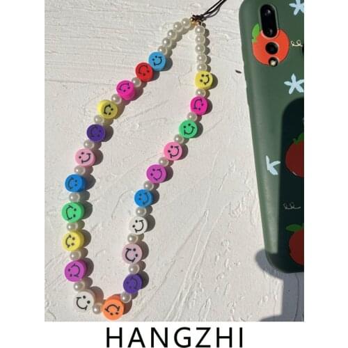 HANGZHI 2021 New Color Smiley Face Resin Beads Pearl Chain Cell Phone Strap Anti-Lost Lanyard for Women Girl Summer Jewelry Gift