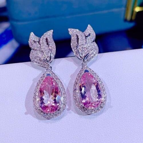 J317 Fine Jewelry Real Pure 18K White Gold AU750 100% Natural Pink Morganite Gemstone 8.1ct Drop Earrings for Women