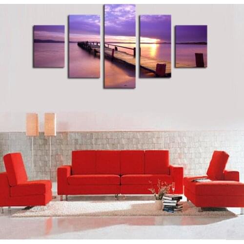 Unframed 5 Panels Purple Sea View Canvas Print Oil Painting Modern Canvas Wall Art for Wall Pcture Home Decor Artwork