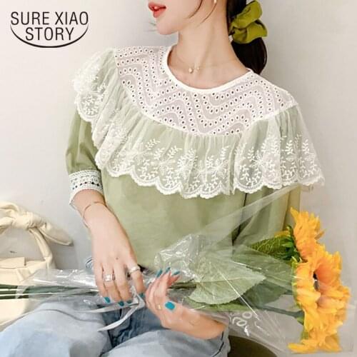 2020 Summer New Korean Elegant Ruffle Lace Chiffon Blouse Women Mesh stitching loose comfortable summer top chemisier femme 9555