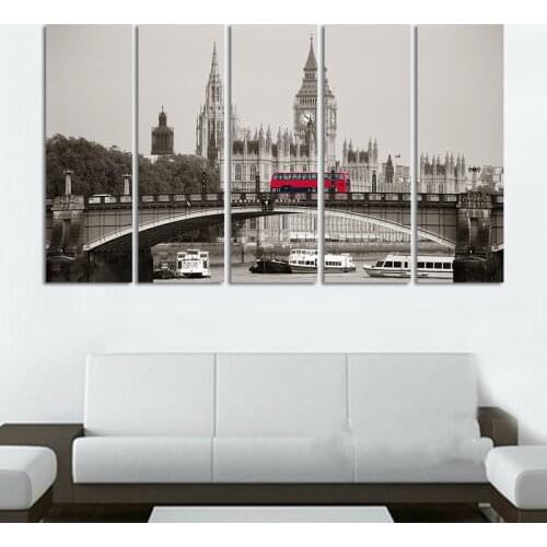 Modular Picture Canvas Print 5 Pieces London City Parliament Building And Red Bus Lambeth Bridge Scenery Painting Decor Wall Art