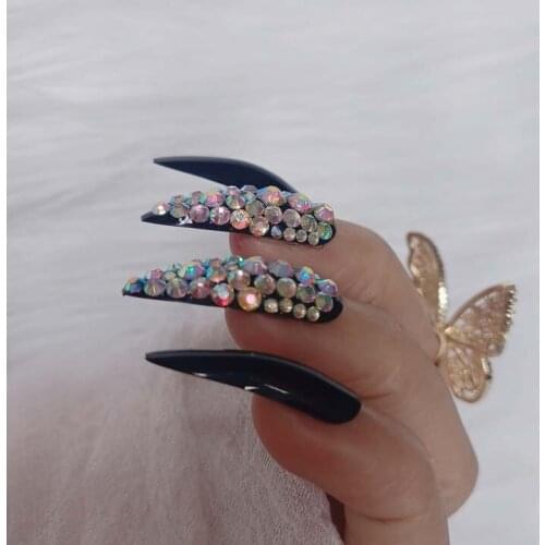 Extra long pointed oval fake nails slim art salon nail crystal diamond nail black