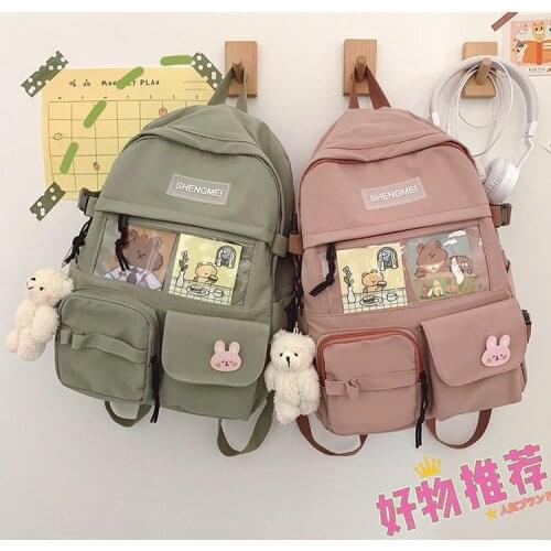 Solid Color Waterproof Nylon Women Backpack Female Multi-pocket Buckle Travel Bag Transparent Pocket Large Capacity Schoolbag