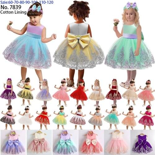 Baby Girls Dress Holiday Party Dress Lace Bow Infant Christening Gown Tutu 1 Year Birthday Dress Headbands 0-7Y Easter Christmas