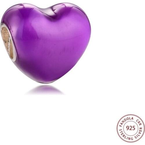 Fits Pandora Bracelet Metallic Purple Heart Charms Original 925 Sterling Silver Beads DIY Jewelry Making 2021 Valentine New