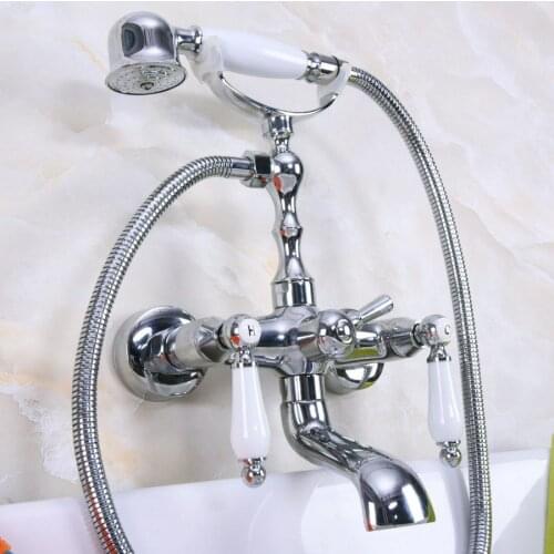 Polished Chrome Brass Double Ceramic Handles Wall Mounted Bathroom Clawfoot Bathtub Tub Faucet Mixer Tap w/Hand Shower ana202