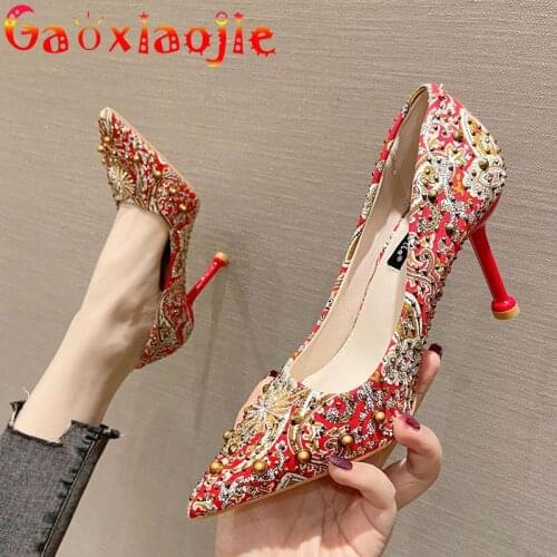 Luxury Diamond Women Wedding Shoes Sexy Pointed Cotton Fabric Print Office Pumps Chinese Style Metal Decoration Red High-Heels