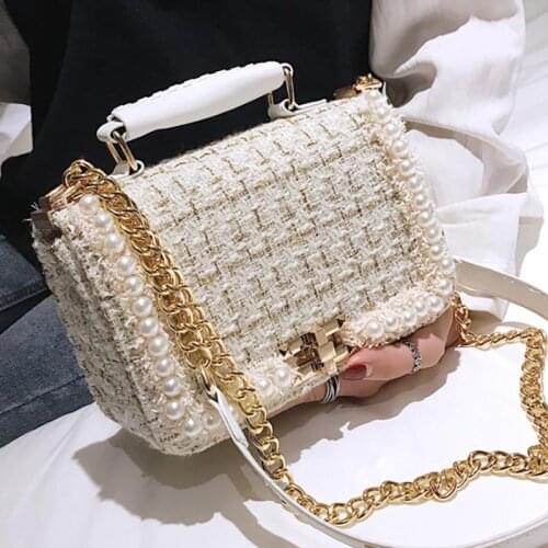 2020 Winter Fashion New Female Square Tote bag Quality Woolen Pearl Womens Designer Handbag Ladies Chain Shoulder Crossbody Bag