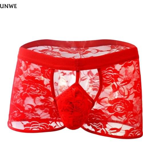 UNWE Sexy Mens Lace Boxers Transparent Mens Penis Pouch Underwear Hollow Out Rose Gay Male Panties Novel 2020