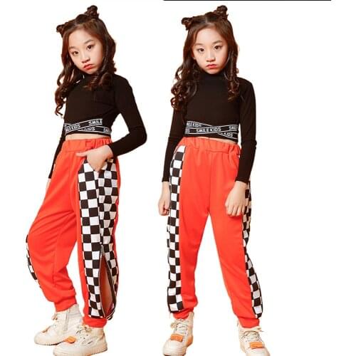 Lolanta Kids Girls Black Crop Top / Orange Pants Plaid Trouser Clothes Hip-hop Perform Dance Costume Birthday Casual Wear