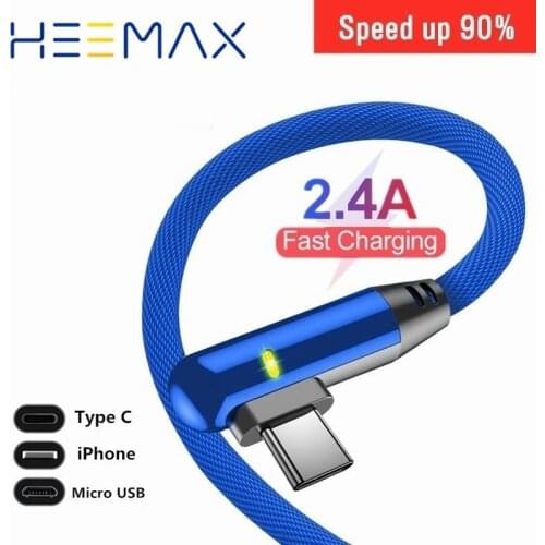 HEEMAX 90 Degree LED Fast Charging Micro USB Cable Type C USB For Samsung iPhone Xiaomi Android Microusb Charger Cable
