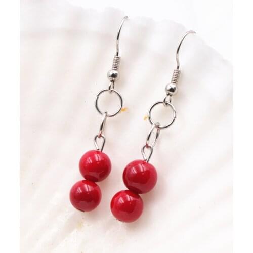 Charms Ethnic Style Women Earring 8mm Red Artificial Coral Drop Long Dangle Earrings Fashion Wedding Party Jewelry Eardrop A661