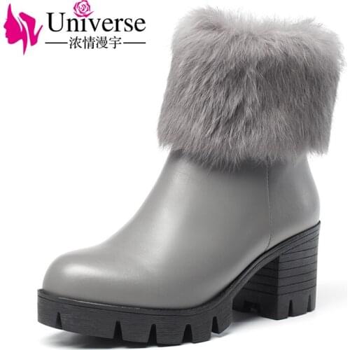Universe real fur mid calf women boots warm winter boots comfy block heel shoes ladies leather boots G345