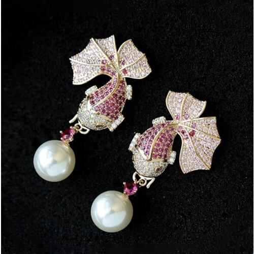 Animal goldfish pearl earrings for women luxury colorful zircon S925 needle 2020 new trend korean style large hanging earrings