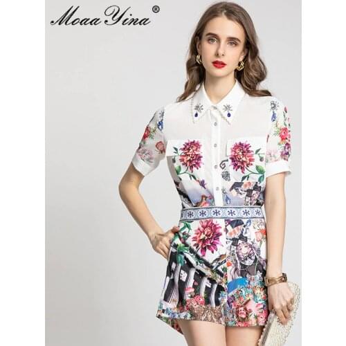 MoaaYina 2021 Fashion Designer Summer New Shorts Sets Womens Short sleeve Beaded Vintage Print Shirt Tops+Shorts Two-piece suit