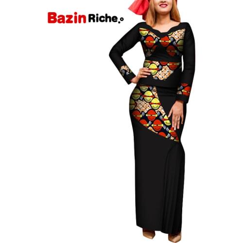 Sexy Patchwork Skirt Suit for Women Long Sleeve Top and Ankle Length Skirt Spring Autumn Skirt Sets Lady Danshiki Skirts WY8006