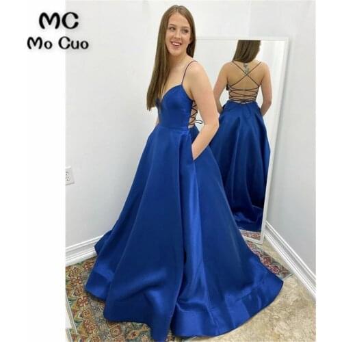 Royer Blue A-Line Evening dresses Long with Pockets Spaghetti Straps V Neck Vestidos de fiesta Satin Evening Dress