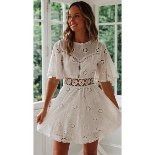 Summer Elegant Sexy Backless Embroidery Hollow-Out Dress Round Neck Tassel Holiday Vintage Loose Casual Cotton Ladies Dress