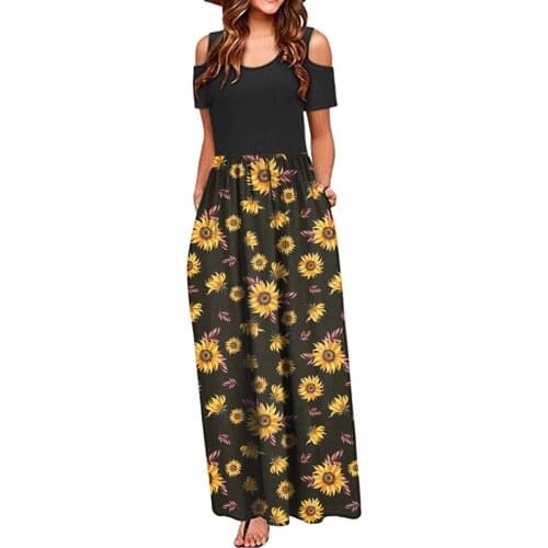 Classic Sunflower Printed Off The Shoulder Dresses Women Fashoin Short Sleeve Pockets Maxi Long Dress Summer Round Neck Robe