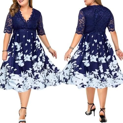 Nice New Womens Dress Large Size Sexy V Neck Lace Dress Spring/Summer Long Sleeve Fashion Elegant Banquet-Print L-6XL