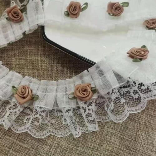 1Yards High Quality Roses Lace Fabric Pleated Guipure Rose Lace Ribbon 4.8cm Embroidery Sewing Ribbons For Wedding Dresses V5