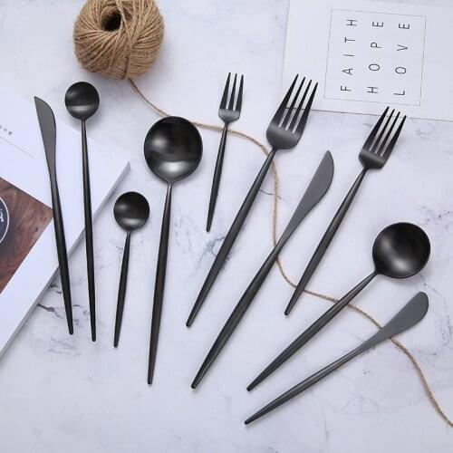 Black Cutlery Sets 304 Stainless Steel Cutlery Set Chopsticks Butter Knife Dessert Spoon Dinner Fork Tea Ice Spoon Tableware Set