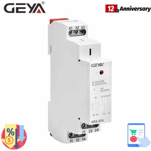 GEYA GR8-208 Auxiliary Relay Intermediate Switch 8A 2SPDT 12V 24V 48V 110V 220V RELAYS Din Rail Module