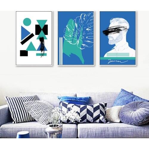 Canvas Painting Geometric Abstract Wall Art Poster Blue Hand Painted Fashion Retro Minimalist Picture for Living Room Home Decor