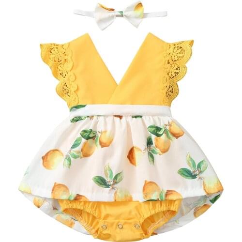 Lemon Printed Baby Girls Bodysuit With Headband Lace Patchwork Bodysuits Summer Sleeveless Jumpsuit Toddler Newborn Clothing