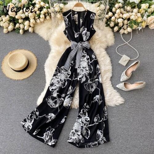 Neploe V Neck Sleeveless Shoulder Strapless Jumpsuits Women High Waist Hip Loose Bodysuit Slim Waist Sashes Playsuit Summer