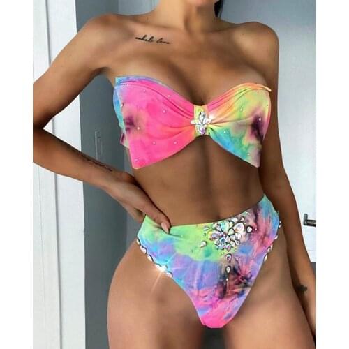 2021 Sexy Tie Dye Diamond High Waist Bikini Women bandeau Swimsuit female Swimwear Two pieces bikini set Knot Bathing Suit Swim