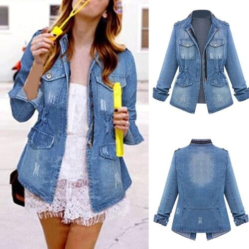 Denim Jackets Cardigan Zipper Slim Elastic Waist Jeans Jacket Casaco Feminino Ripped Coat Pocket Tops Autumn Winter Coat Outwear