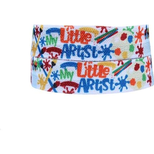 Flora Ribbons kids cheer foe ribbon, 5/8" heat transfer fold over elastic with little artist theme printing