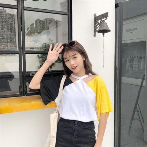 Summer Cute Tshirt Women Streetwear Female Tops Tee Kawaii Fashion Japan Off Shoulder T Shirt Patchwork Kawaii Tshirts Girls