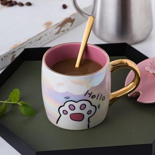 Cartoon Milk Cup Ceramics Cat Paw Cup With Lid And Spoon Heat-Resistant Coffee Mugs Cute Valentines Day Birthday Gift