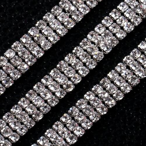Pulaqi 1 Yard 3mm Crystal Rhinestone Cup 3 Rows Chain Silver Base With Claw Dress Decoration Trim Applique Sewing On Garment F