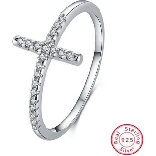 Size 5-10 Luxury Jewelry Simple 100% Real 925 Sterling Silver Pave White AAAAA Cubic Zirconia Party Women Wedding Cross Ring