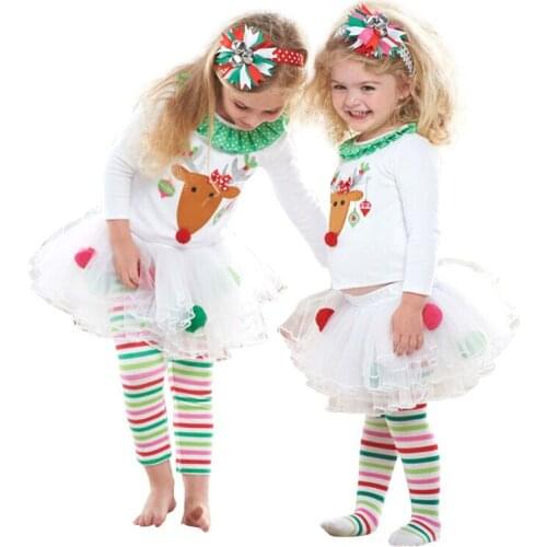 Girls Christmas Elk Printing Hoodied Colorful Stripe Skirt Pant Cotton Children Clothing Sets Winter Overalls Clothes For Girl