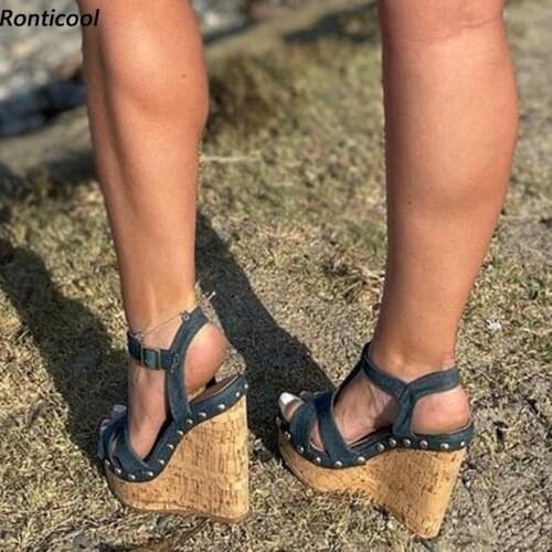 Ronticool Handmade Ladies T-Strap Sandals Studs Sexy Wedges Heels Open Toe Elegant Blue Party Dress Women Shoes US Size 5-20