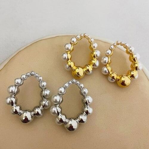 SRCOI Trendy Geometric Imitation Pearls Earring Exaggerated Drop-Shaped Metal Dangle Earring Women Party Jewelry Accessories