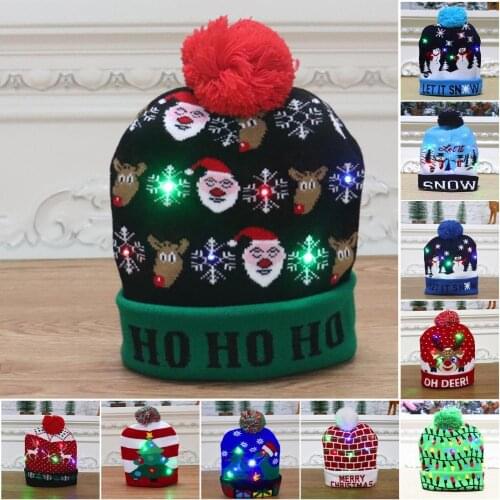 2021 New Year LED Light Christmas Hats Beanie Sweater Knitted Christmas Light Up Knitted Hat For Kid Adult For Christmas Party