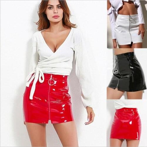 Women Fashion Sexy High Waist Circle Zipper Shiny Skirts PU Leather Mini Short Pencil Casual Solid White Red Black Skirt
