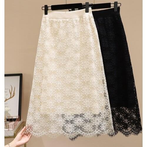 Black Lace Knitted Long Plus Large Size Oversize Korean Style Fashion WomenS Clothing Vintage 2021 Casual High Waist Skirts