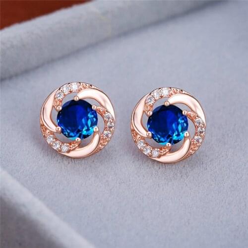 6MM Round Blue Crystal Zircon Spiral Stud Earrings For Women Vintage Fashion Rose Gold Rainbow Stone Earrings Engagement Jewelry