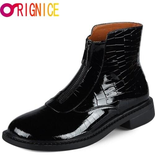 Orignice High Quality Genuine Patent Leather Women Ankle Boots Autumn Winter Concise Low Heels Fashion Front Zip Leisure Shoes