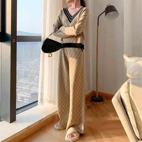 New Knitted Letter Print Two Piece Set Women Double V-neck Pullover Sweater Tops + Wide Leg Pants Suits Female Autumn Winter