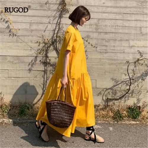 RUGOD Summer 2020 Korean Long Maxi Dress Women Fashion Short Sleeve Pleated Chic Loose Dress Office Lady Beach Party Solid Dress