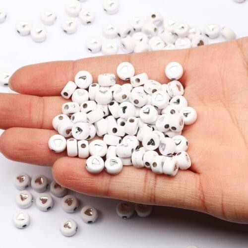 White Silvered Heart Acrylic Beads Round Flat Loose Spacer Beads For Jewelry Making Diy Handmade Bracelet Necklace Accessories